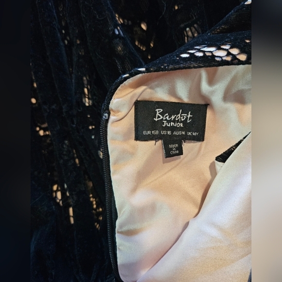 Bardot Junior Black Velvet Lace Layered Fit and Flare Dress - Picture 5 of 7